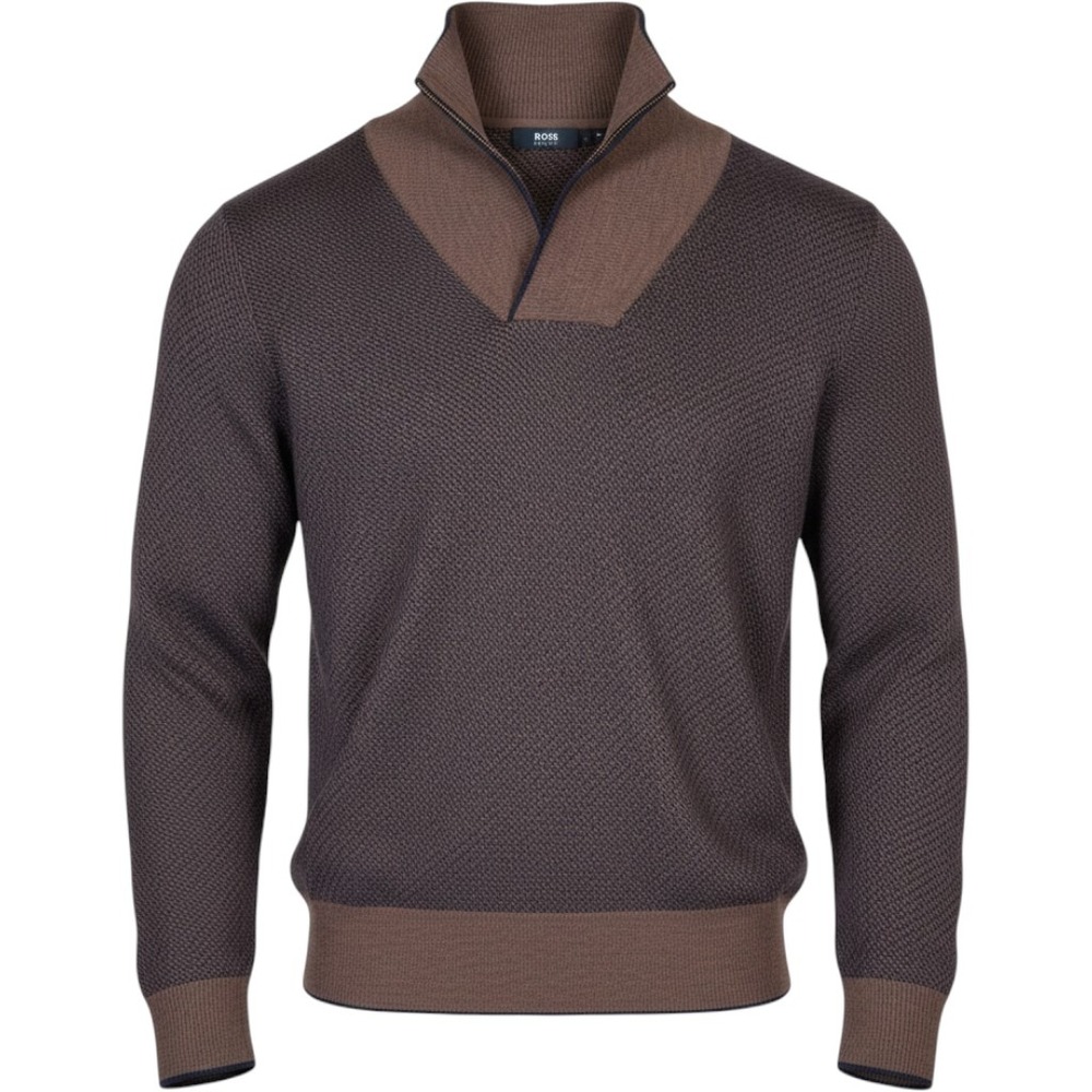 Hugo Boss Mens Slim Fit Extrafine Merino Wool Birdseye Sweater Brown Navy Large